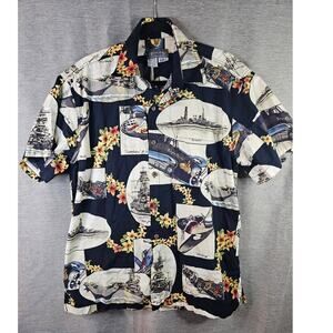 Vintage High Seas Shirt Mens Small Black WWII Ships Fighter Bombers B52 Hawaiian